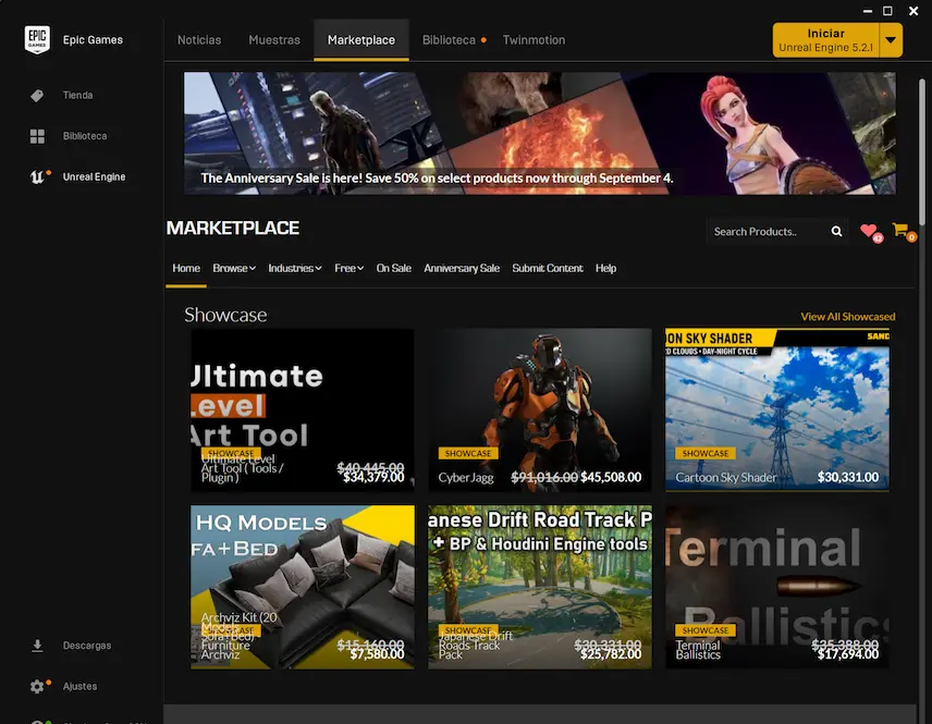 Imagen de la Pestaña de Marketplace del Epic Games Launcher