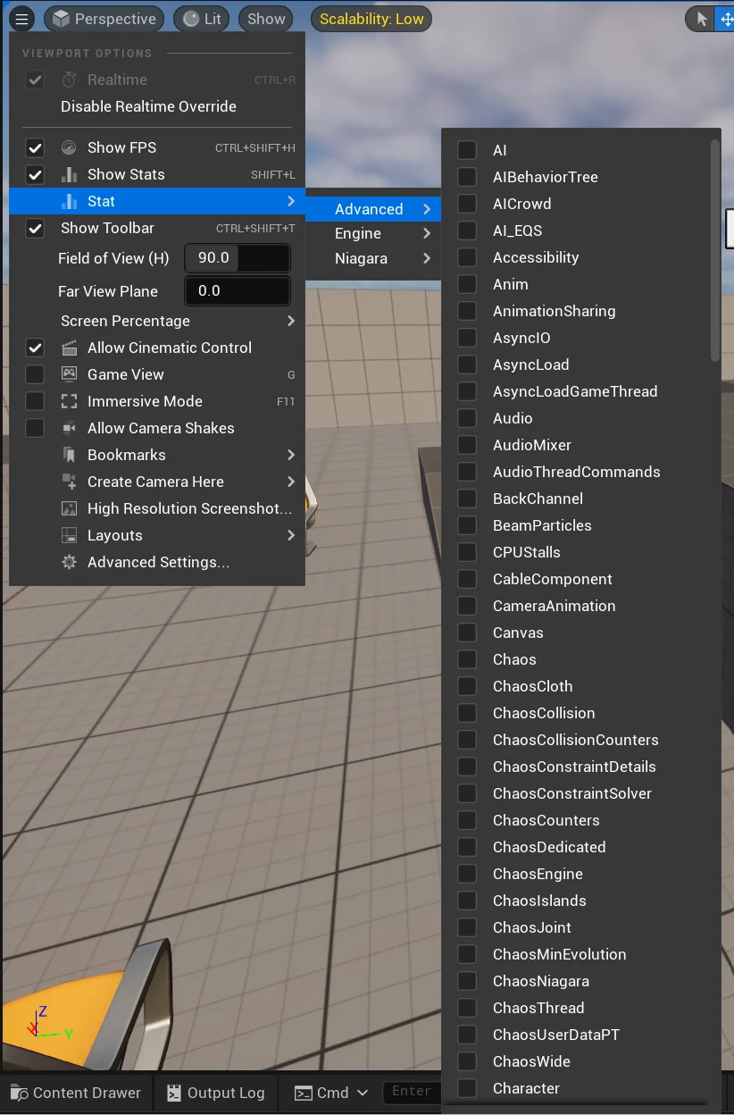 Imagen de como poder Monitoriar los FPS en unreal engine 5 para controlar la calidad de sombras, texturas, etc.